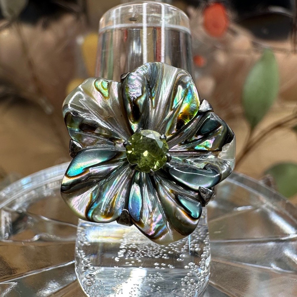 Womens Abalone Flower Ring Sz 5.5 Peridot Sterling Silver 925 Boho Statement